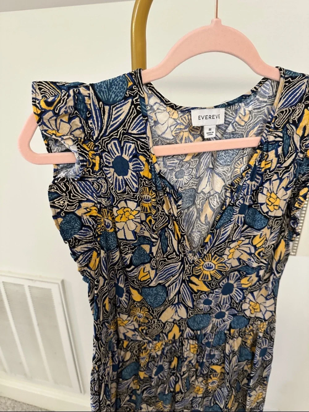 Evereve Navy Floral V-Neck Mini Dress with Mustard Accents - Picture 4 of 8